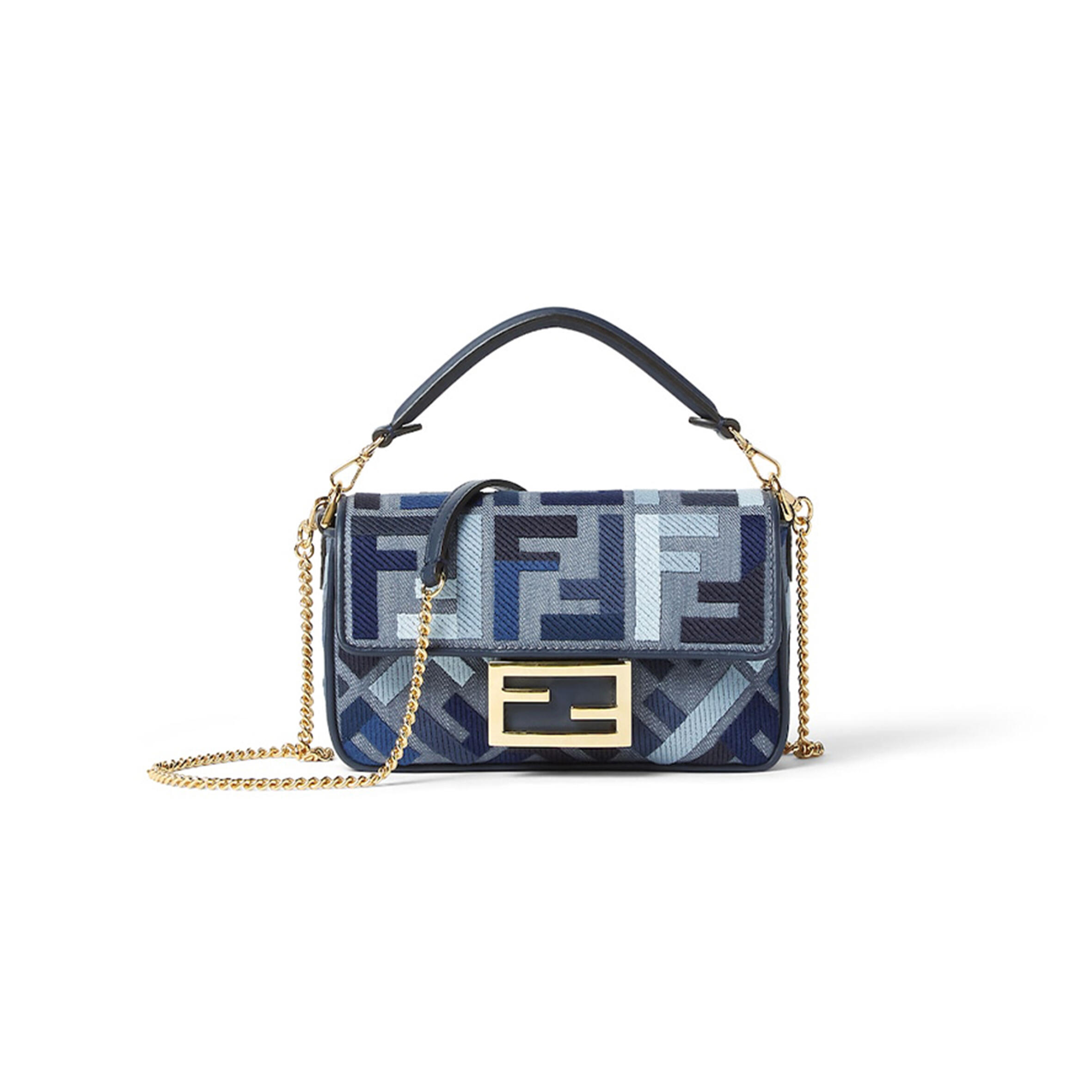 F**di baguette mini blue canvas bag with ff embroidery 8bs017av11f1laz (19.5*11*5cm)